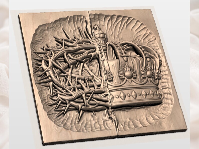 May include: A detailed wooden carving depicting a crown and a crown of thorns. The crown is ornate with decorative elements, while the thorns are sharp and textured. The carving is on a square wooden plaque with a light brown finish.