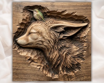 Zorro Fennec STL / Arte mural con cabeza de zorro / Zorro colibrí / Bajorrelieve CNC STL / Tallado con vetas de madera / Descarga digital