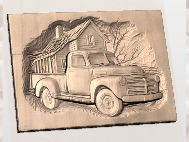 May include: A wooden relief carving depicting a vintage pickup truck carrying a house. The artwork is carved in a light brown wood, showcasing the truck's details, the house, and surrounding foliage. The piece is mounted on a rectangular wooden board.
