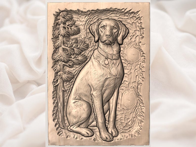 Brittany Spaniel Dog File | Sitting Puppy Carving | Cabin Pet Wall Art | Forest Tree Background | Engraved Wood Look | Gift For Dog Lovers image 3