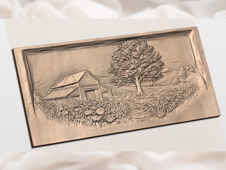 May include: A wooden relief carving depicting a rural landscape. The artwork features a barn, a large tree, and fields. The carving is framed and has a natural wood color.
