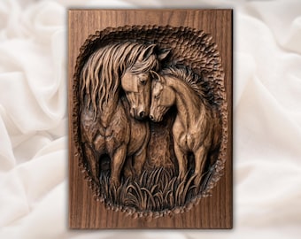 Horse Mare and Foal STL | Mother Baby Horse Relief CNC File|Equine Wood Carving STL| Rustic Farmhouse Ranch Wall Plaque | Western Animal Art