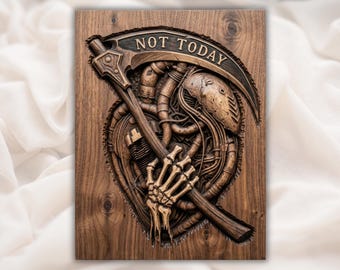 Grim Reaper STL| Skull Scythe Byke Carving | Spooky Quote Decor | Rustic Gothic Plaque | Engraved Wood Look | Halloween Wall Art