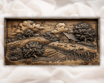 Landschaft Bauernhof 3D Relief STL | CNC-Fräser-Holzschnitzdatei | Rustikale Scheune Weide Landschaft Wand Kunst Panel | Landhaus Dekor
