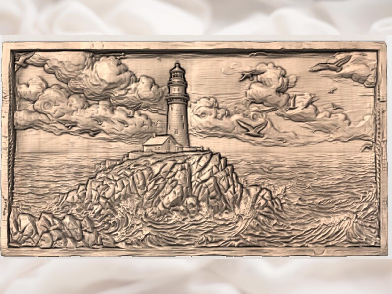 May include: A detailed, brown relief carving of a lighthouse on a rocky cliff, with crashing waves and seagulls in the sky. The lighthouse is tall and cylindrical, with a small building at its base. The carving is framed.