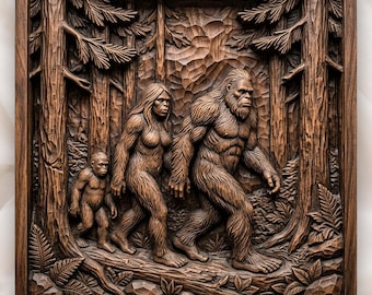 Bigfoot Sasquatch Family Wall Panel CNC Relief STL | Rustic Cabin Decor | Forest Wilderness Scene