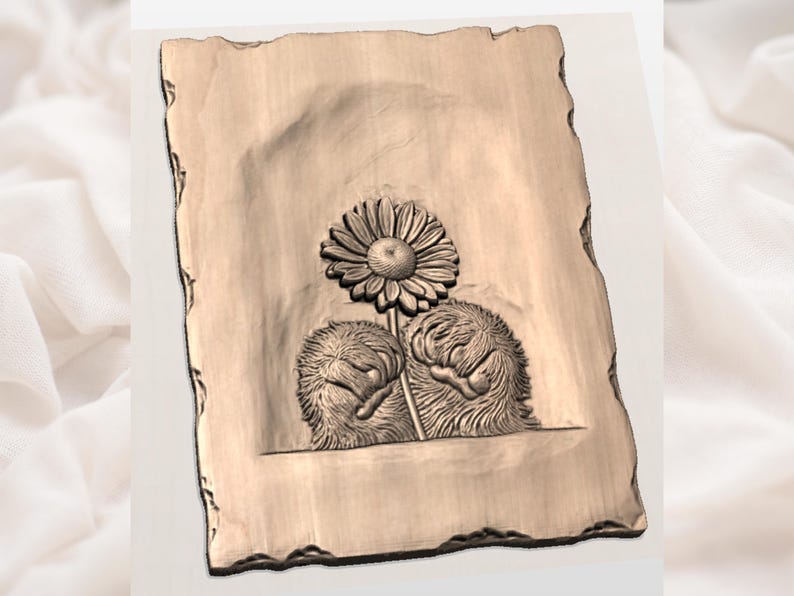 Cute Animal Paws Holding Daisy 3D STL Relief | Sculpted Wood Grain CNC Router File | Floral Wall Plaque Bas Relief for 3D Print image 2