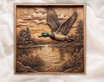 Flying Mallard Duck 3D Relief STL | Lake Sunset Waterfowl Wood Grain Carving Panel | CNC Router File, 3D Print, Laser Engrave | Home Decor