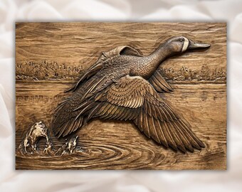 Flying Duck 3D Relief STL File | Duck Over Water Wood Grain CNC Carving | Hunting Wildlife Wall Art Panel | 3D Print and Laser Engraving