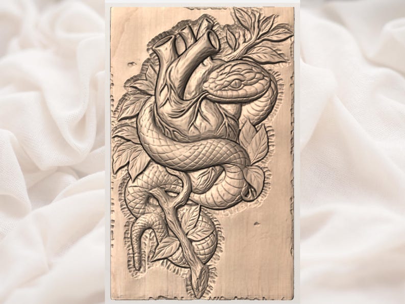 Serpent & Heart STL | Temptation / Eden Symbol Wall Plaque | Anatomical Heart Serpent Wood Carving Panel | Gothic Wall Art image 3