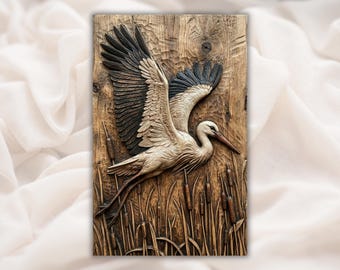Heron Bird 3D Relief STL File | Flying Stork Wood Grain CNC Carving | Wetlands Wildlife Wall Art | 3D Print and Laser Engraving