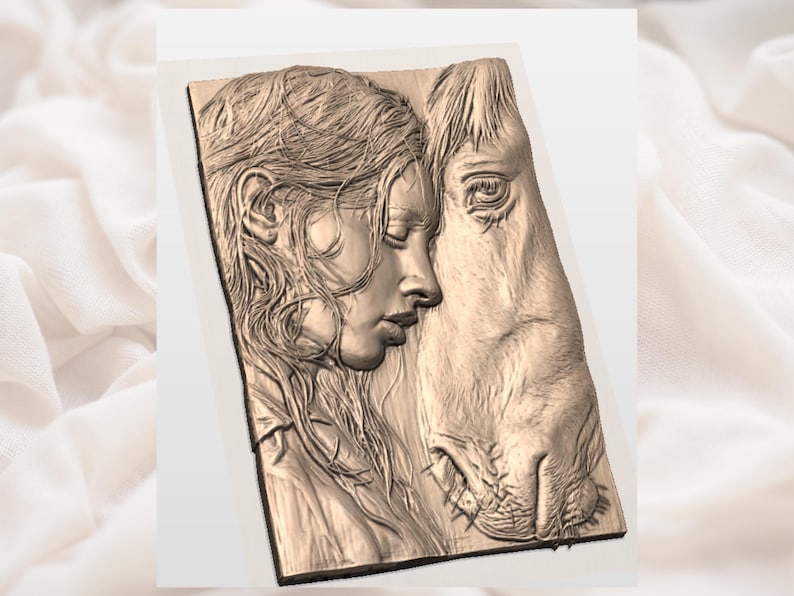 May include: A detailed relief carving depicts a woman's face resting against a horse's head. The woman's eyes are closed, and her hair flows down. The horse's eye is visible, and the carving is in shades of brown.