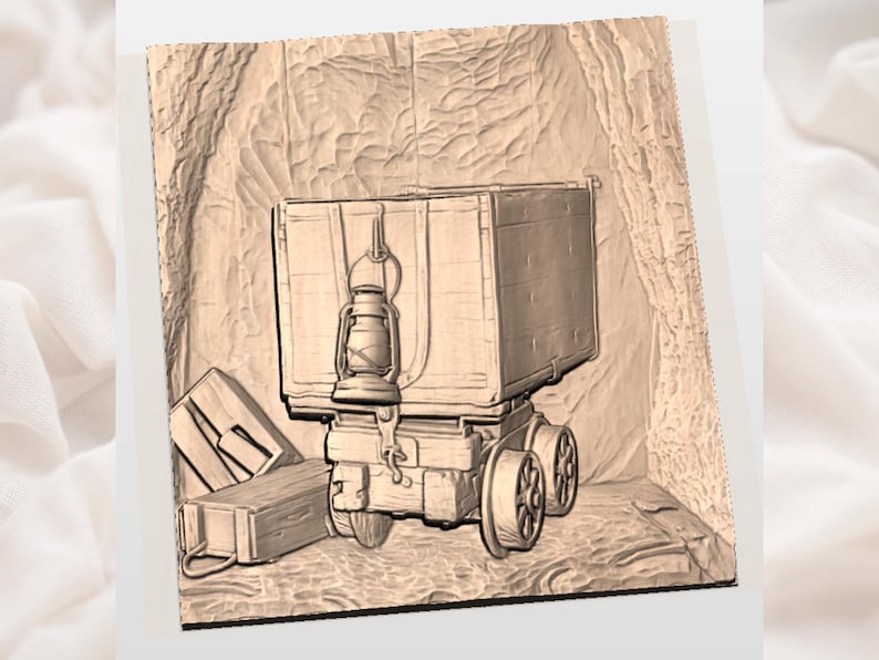May include: A detailed, sepia-toned relief carving of a vintage mine cart with a lantern. The cart features a large wooden box, wheels, and a small box with the letters "A" and "K". The background has a textured, cave-like appearance.