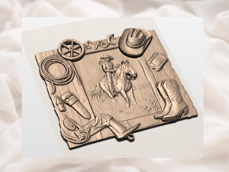 May include: A detailed relief carving depicting a cowgirl on horseback, surrounded by cowboy-themed elements. The artwork includes a cowboy hat, boots, a rope, and a wagon wheel, all in a warm, earthy tone. The carving is mounted on a wooden-style background.