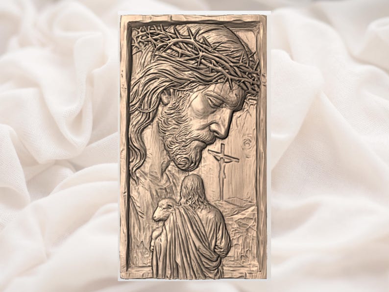 May include: A bronze-colored relief carving depicting a religious scene. The carving features a detailed depiction of a man wearing a crown of thorns, looking down at another figure holding a lamb. A cross is visible in the background.
