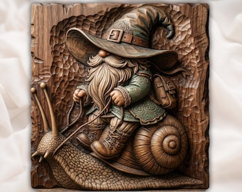 Wizard Gnome Snail STL | Snail Rider Relief | Fantasy Wall Decor | Wood Carving Design | Whimsical Garden Art | Home Decor