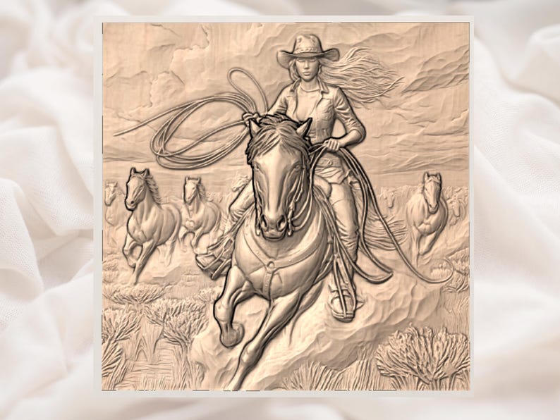May include: A detailed wood carving depicts a cowgirl riding a horse, with other horses running in the background. The cowgirl wears a hat and jacket, holding a lasso. The carving is in shades of brown and beige, showcasing a Western theme.