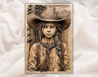 Cowgirl Girl Portrait 3D Relief STL File | Western Cowgirl Face Wood Grain CNC Carving | Ranch Wall Art | 3D Print & Laser Engraving