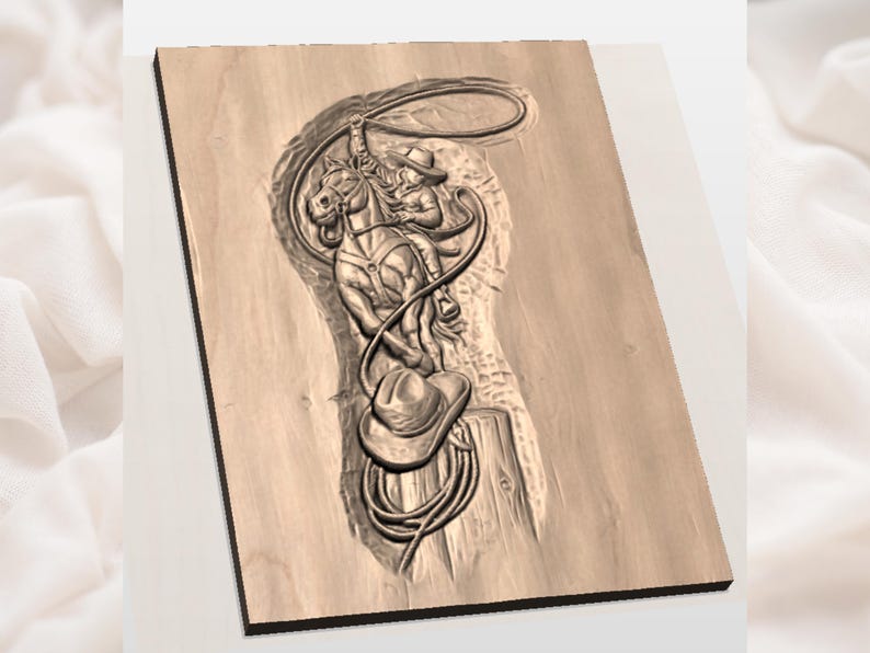 May include: A wooden carving of a cowboy riding a horse, roping a steer. The cowboy wears a hat and is holding a lasso. The carving is on a rectangular wooden plaque. The horse is in motion, and the details are finely carved.