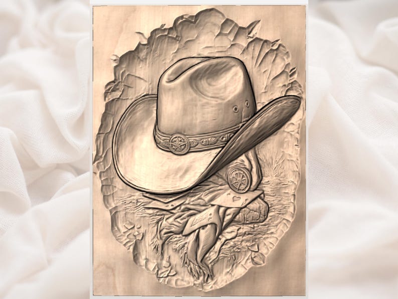 May include: A detailed wood carving of a cowboy hat with a decorative band and a wide brim. The hat is set against a textured background, showcasing the intricate details of the carving. The artwork is in shades of brown and beige.