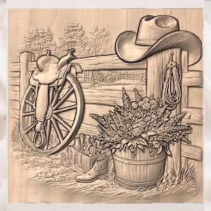 Western Ranch Saddle 3D Relief STL view 3