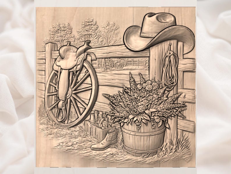 May include: A detailed wooden carving depicting a rustic Western scene. It features a cowboy hat, a saddle on a wagon wheel, a wooden fence, a barrel of flowers, a cowboy boot, and a rope. The artwork is in shades of brown.