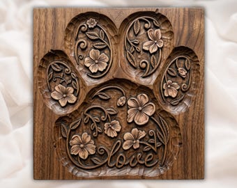 Floral Paw Print Love Pet Memorial CNC Relief STL | Puppy Dog Lover Wall Art | Rustic Wood Carving Design | Decorative Home Decor Panel