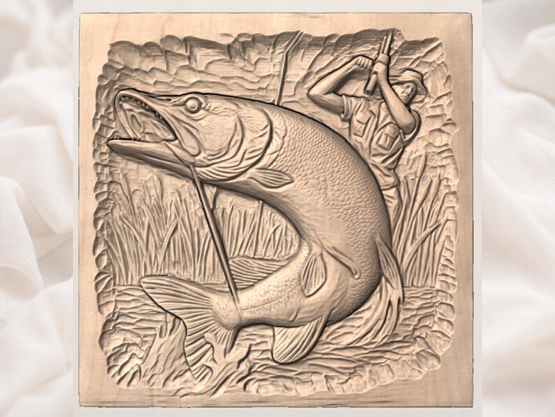 May include: A carved wooden relief depicting a large fish being caught by a fisherman. The fish is detailed with scales and fins, and the fisherman is holding a fishing rod. The background features tall grass and a textured surface.