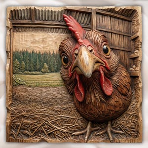 Könnte beinhalten: Detailliertes, geschnitztes Holzrelief, das ein neugieriges Huhn zeigt, das aus einem Stall lugt. Das Kunstwerk zeigt ein braunes Huhn mit rotem Kamm und Kehllappen, vor dem Hintergrund einer ländlichen Landschaft mit Wald und Heu.