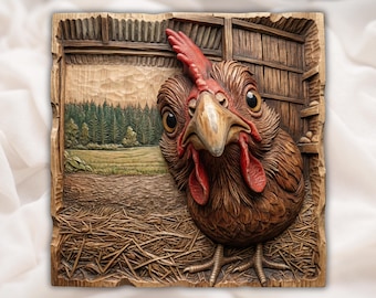 Funny Chicken Relief STL | CNC Router 3D Carving Model | Curious Hen Close-Up Farm Scene Wood Grain Relief | Rustic Farmhouse Wall Art