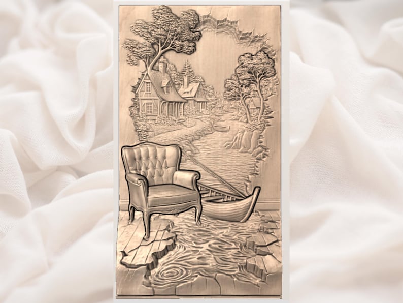 May include: A detailed wood carving depicts a serene landscape with a house, trees, a river, and a boat. An armchair is placed in the foreground. The carving is in shades of brown and beige, creating a three-dimensional effect.