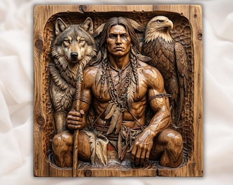 Warrior Relief STL | Wolf Eagle Wall Art | Tribal Spirit Decor | Wood Carving Design | Rustic Lodge Artwork | Nature Plaque File
