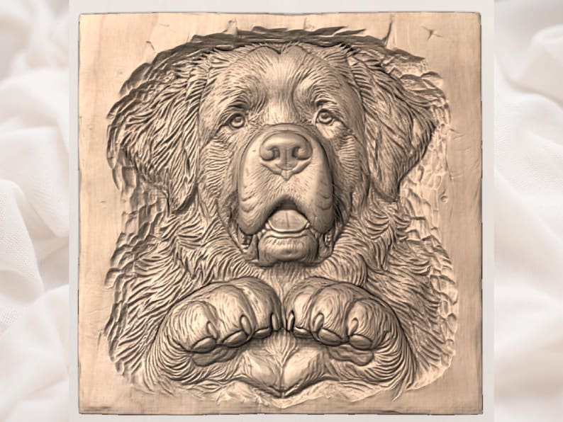 Detailed CNC bas-relief wood carving on a dark walnut block. Features a lifelike, front-facing bust of a St. Bernard dog with detailed fur texture, characteristic drooping eyes, and floppy ears. The dog’s large front paws, complete with prominent claws, are resting below its chin. The carving is deeply set into the block, showcasing the natural wood grain and a rustic, chiseled surrounding edge.