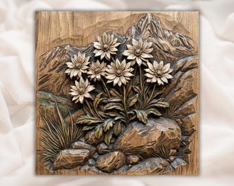 STL-bestand bergbloemen 3D-reliëf | Alpine madeliefje Edelweiss houtnerf CNC-snijwerk | Natuurkunst aan de muur | 3D-print en lasergravure