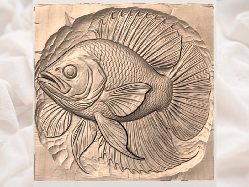 May include: A detailed wood carving of a fish with flowing fins and scales. The fish is surrounded by carved leaf-like shapes, all in a natural wood tone. The carving has a three-dimensional effect, showcasing the fish's features.