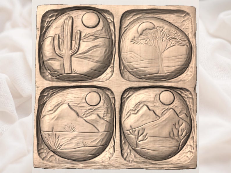 May include: A square, wooden carving featuring four circular relief panels. Each panel depicts a desert landscape with a sun and either a cactus, tree, or mountains. The carving is in shades of brown.