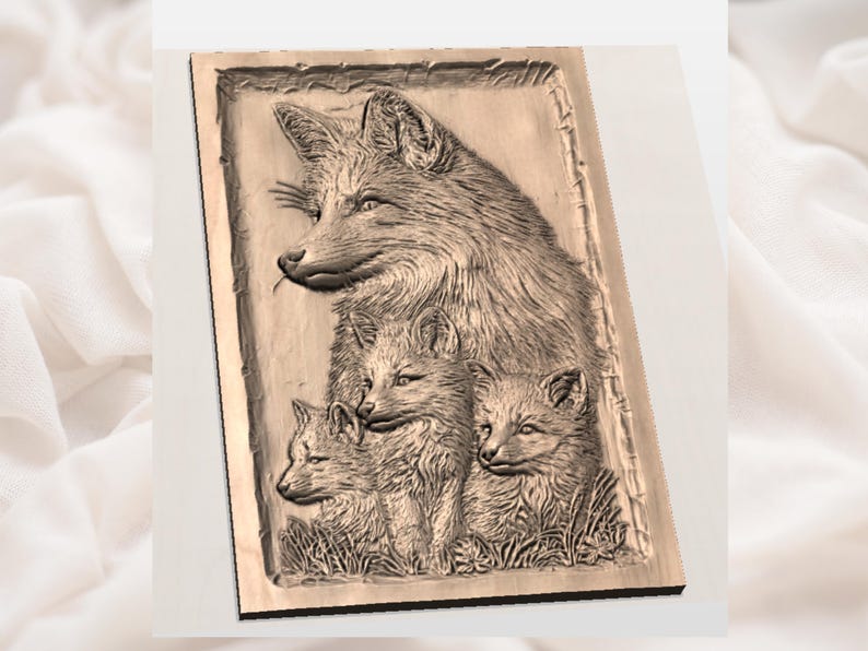 May include: A wooden relief carving of a fox family. The artwork depicts a large fox with three smaller fox kits. The foxes are carved in detail, with visible fur and facial features. The relief is set within a rectangular frame.