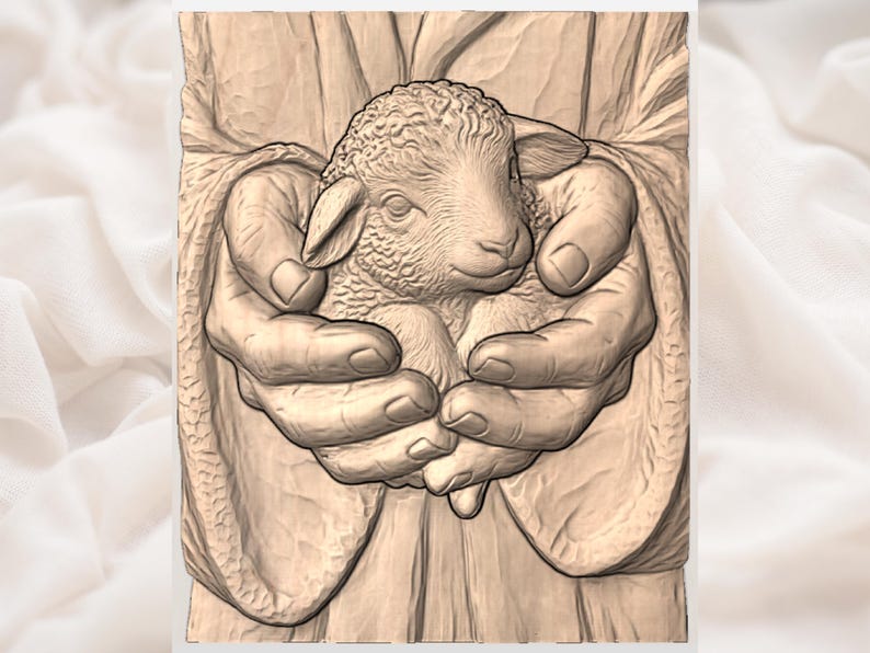 May include: A detailed carving depicts a lamb held gently in two hands. The lamb has curly wool and a peaceful expression. The hands and the lamb are carved in a light brown color, with the background a lighter shade.