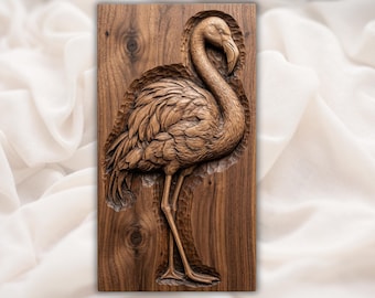 Standing Flamingo STL| Bird Carving Relief | Boho Coastal Decor | Engraved Wood Look | Tropical Wall Art | Nature Panel Model