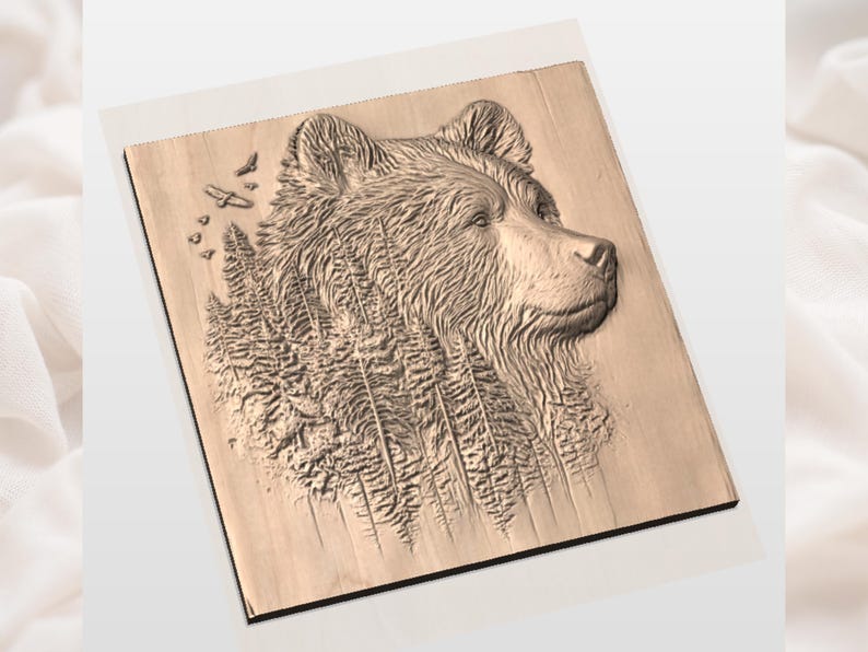 May include: A wooden carving of a bear's head in profile, with a forest scene integrated into the bear's fur. The artwork features detailed textures and a natural color palette, with birds and a plane in the upper left corner.