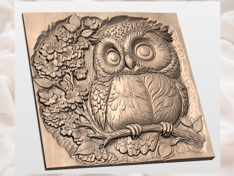 Owl Blossom STL | Spring Bird Relief | Floral Branch Decor | Cherry Blossom Carving | Woodland Wall Art | Nature Plaque File image 2