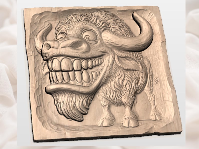 May include: A carved wooden panel featuring a cartoonish bison with a wide grin and large teeth. The bison has large horns and a shaggy mane. The panel is square and has a rough, textured surface.