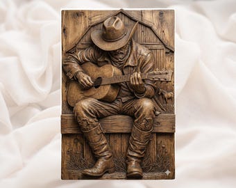 Cowboy Guitar Player 3D Relief STL | Western Music Wall Art Panel | CNC Router 3D Print Laser Engrave File