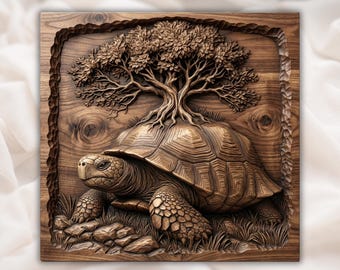 Árbol de la Vida Tortuga Relieve 3D STL / Tortuga Escena Natural Panel de Tallado de Madera CNC / Arte de Pared Rústico / Placa de Árbol Sagrado