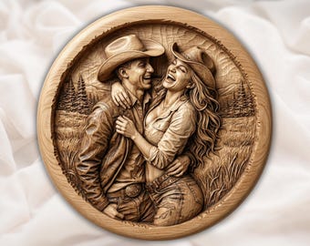 Western Couple 3D Relief STL | Cowboy & Cowgirl Round CNC Router Wood Carving Panel | Rustic Ranch Wall Art | Home Decor