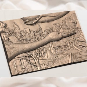 Giant Duck flyby city skyline  STL Relief view 2