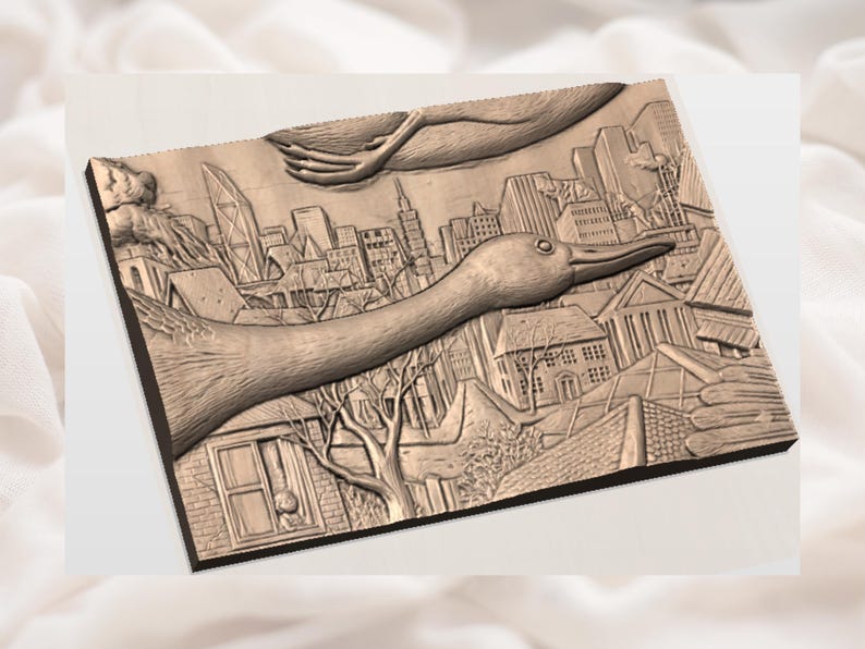 May include: A detailed, relief-carved wooden panel depicting a bird flying over a cityscape. The artwork features a long-necked bird, skyscrapers, houses, and a hand. The panel is a warm brown color.