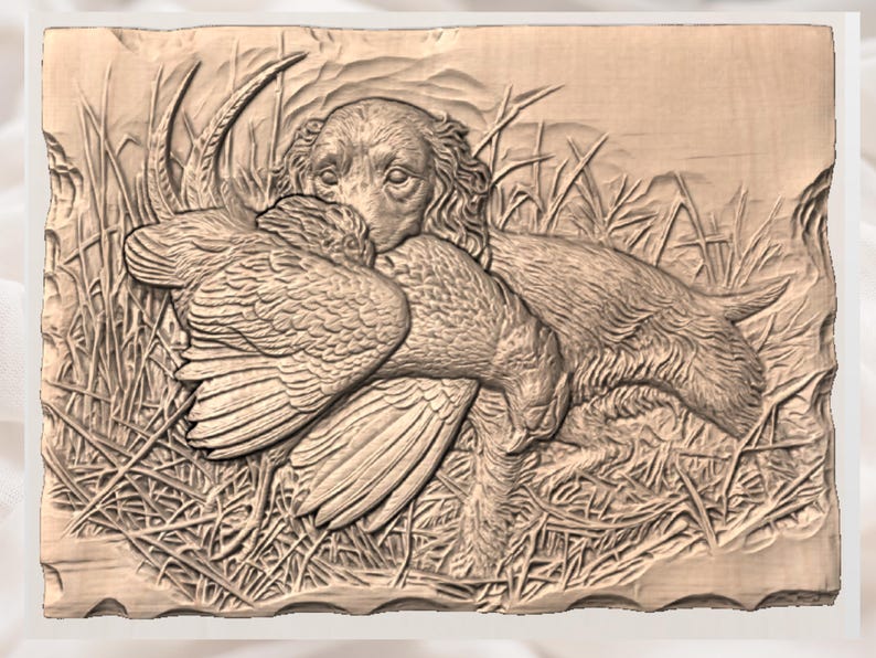 Brittany Spaniel Pheasant STL | Hunter Dog Pheasant 3D Relief | Hunting Dog CNC Router Carving | Upland Hunting Wall Art Panel | Hunter Gift image 3