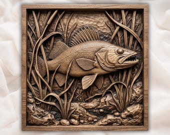 Walleye Fish In Reeds Wildlife Scene CNC Relief STL | Freshwater Angler Wall Art Panel | Rustic Cabin Woodworking Decor