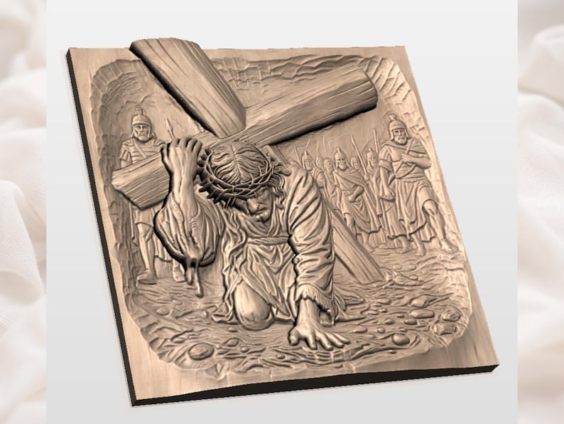 Jesus Carrying Cross Relief STL | CNC Router 3D Carving Model | Christ Crown of Thorns Passion Scene Wood Relief Panel | Christian Wall Art image 2